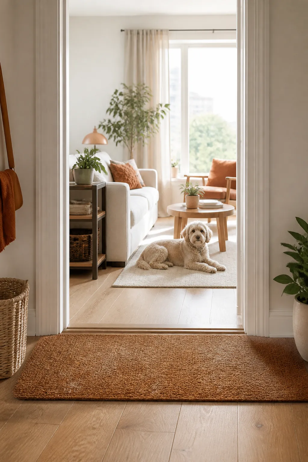 Washable mat spanning the full width of an apartment doorway with light pet hair on it
