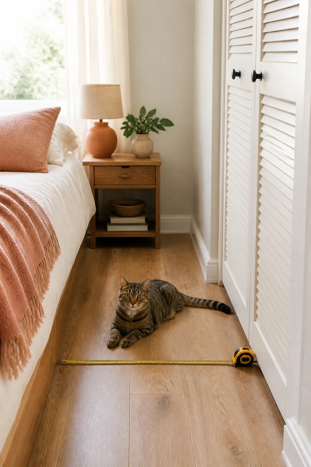 Tape measure stretched across a narrow strip of open floor between a bed and closet door
