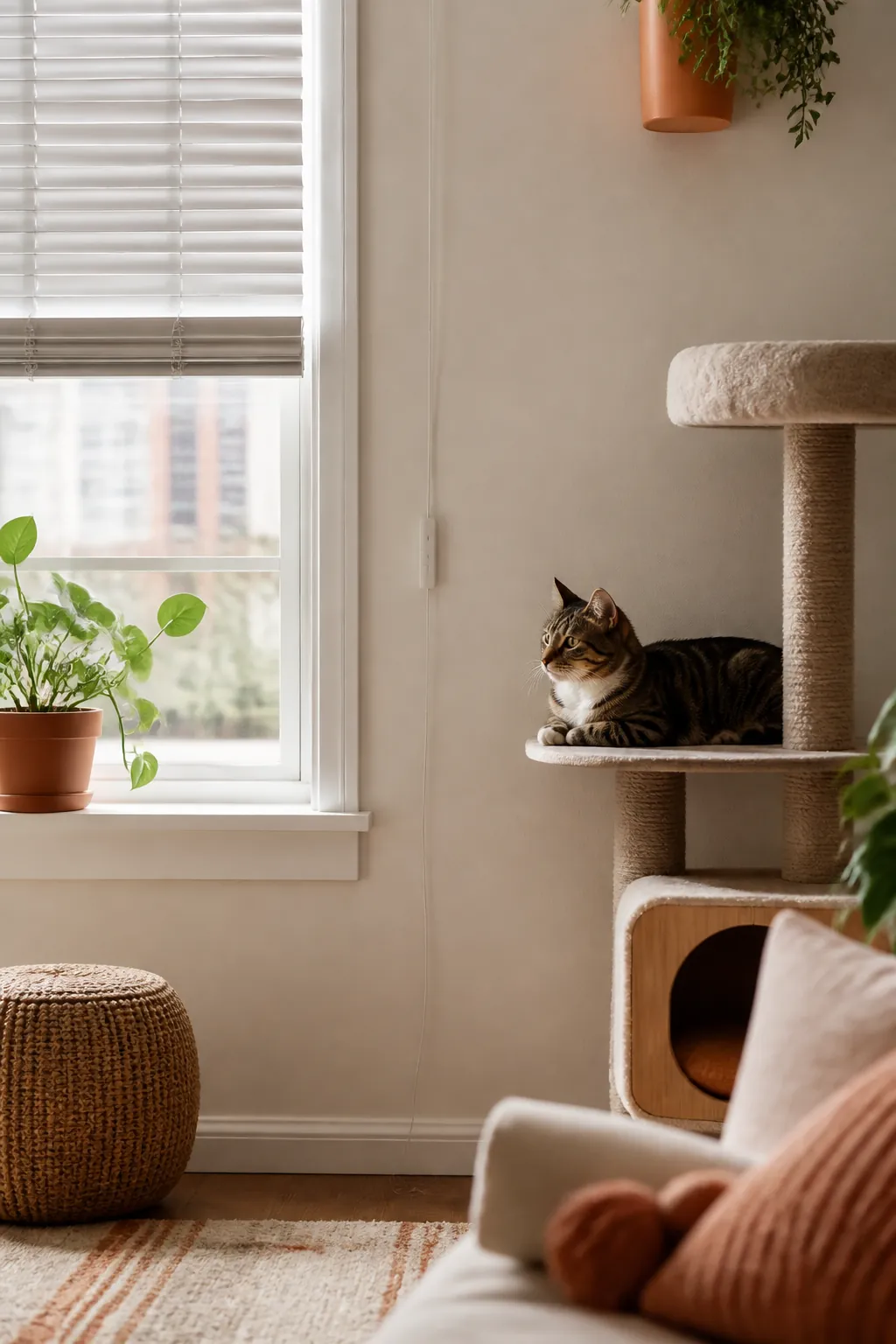 Window blind cord clipped flat against a wall clear of a nearby cat tree