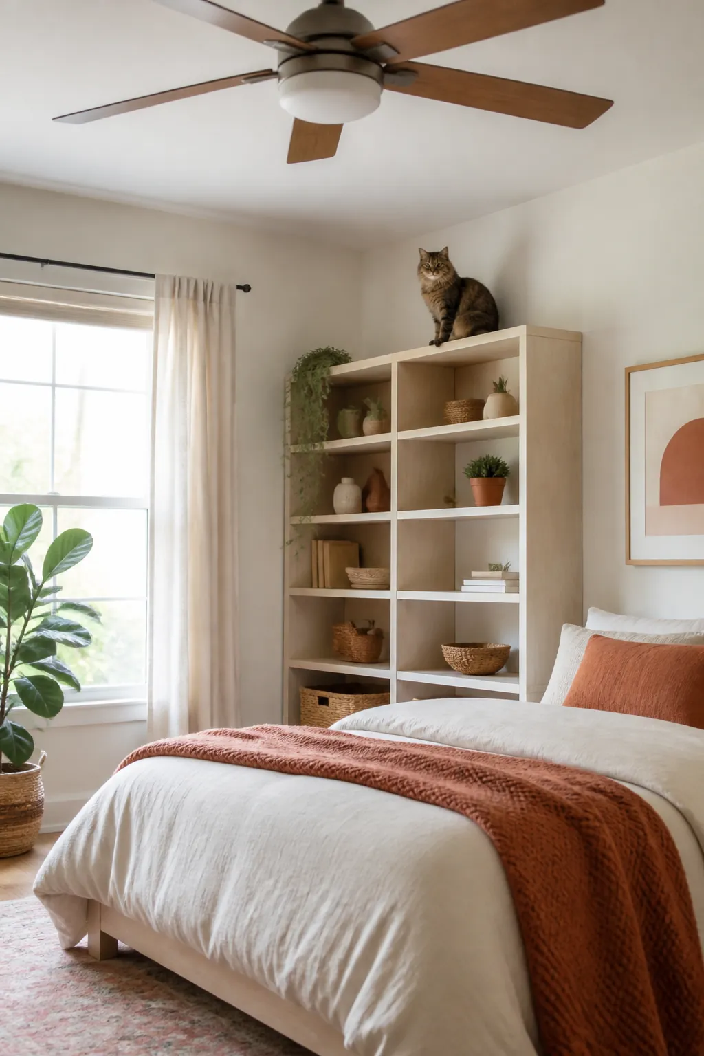 Top platform of a wall shelf run ending a foot below a ceiling fan