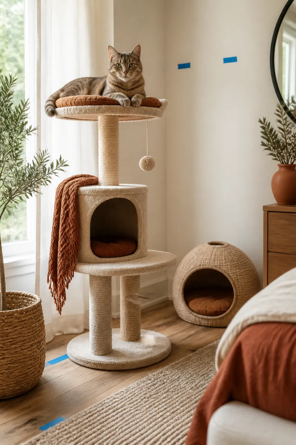 Cat tree and floor den placed in a bedroom with tape marks still on the floor