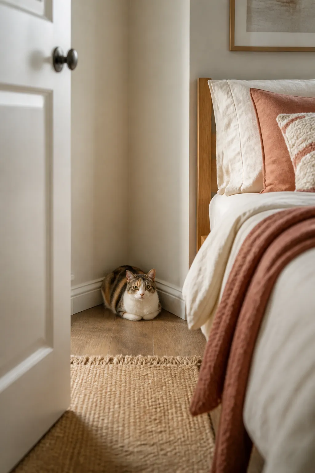 Empty triangular corner behind an open bedroom door with a made bed nearby