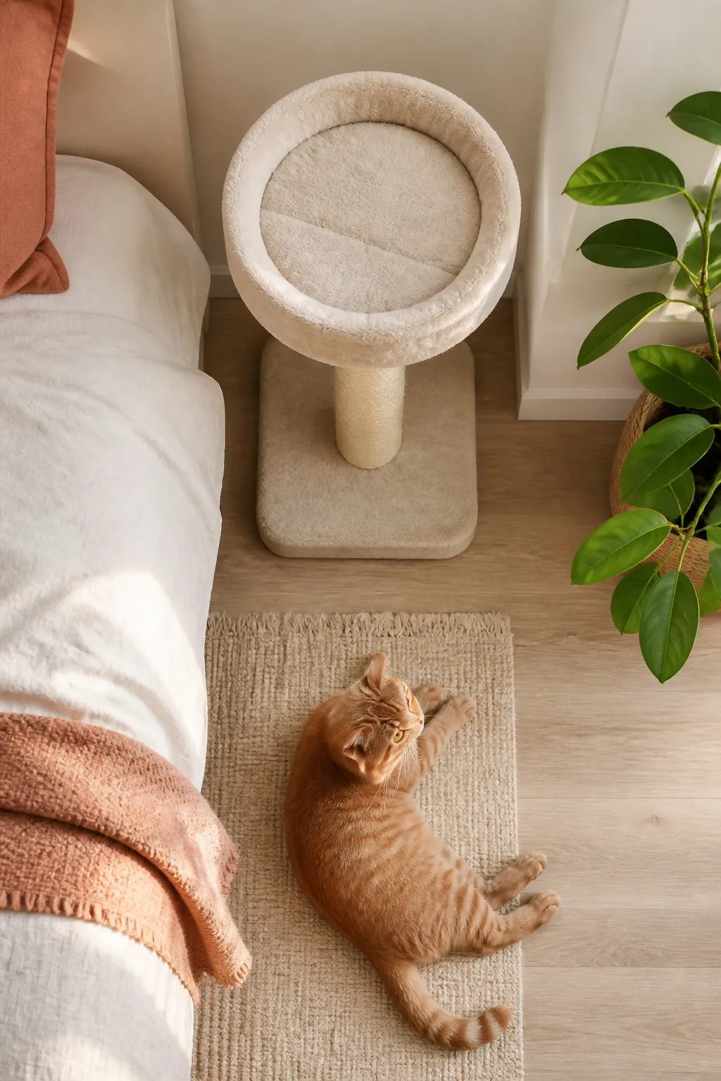 Tape measure held against the base of a compact cat tree standing in a bedroom corner