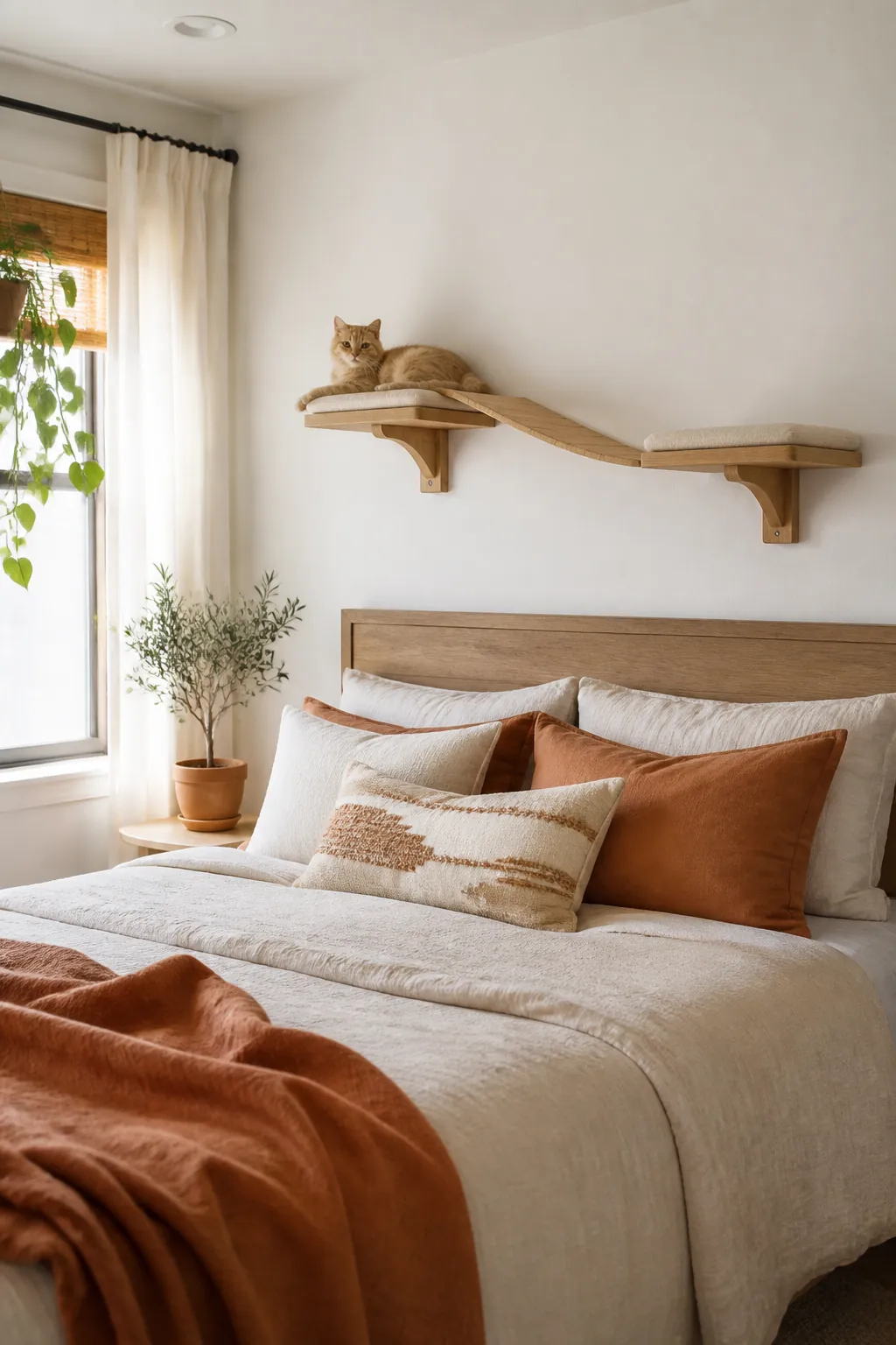 Two-platform wall shelf mounted above a bed's headboard, angled clear of the pillows