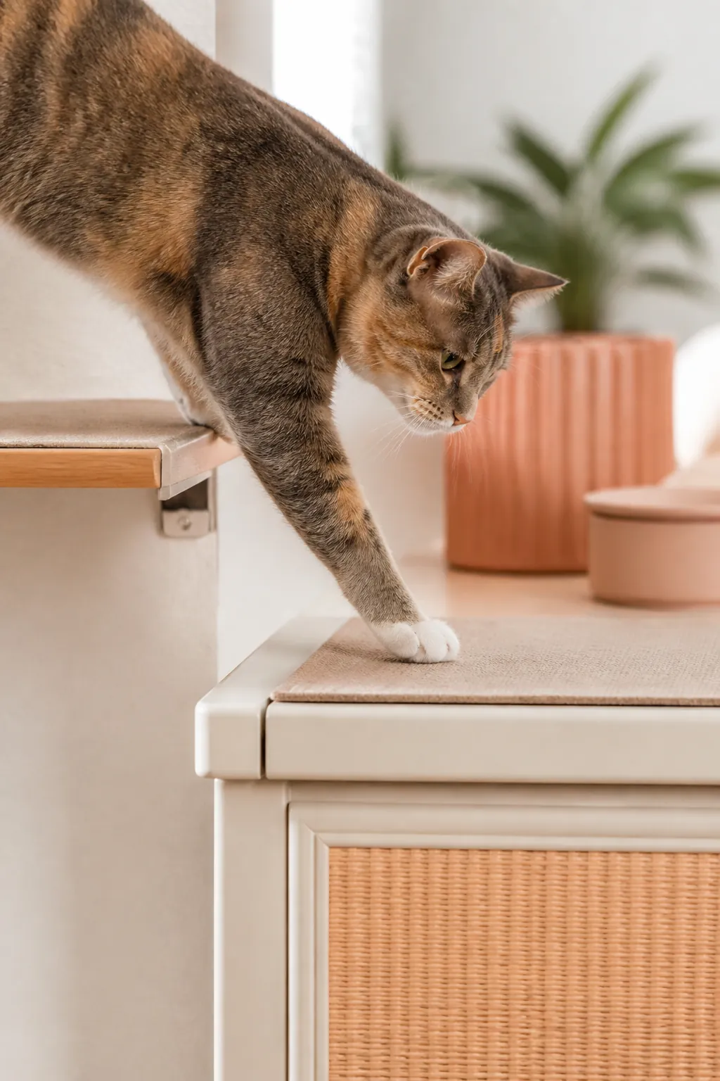 Cat stepping onto a cleared dresser top fitted with a thin non-slip pad