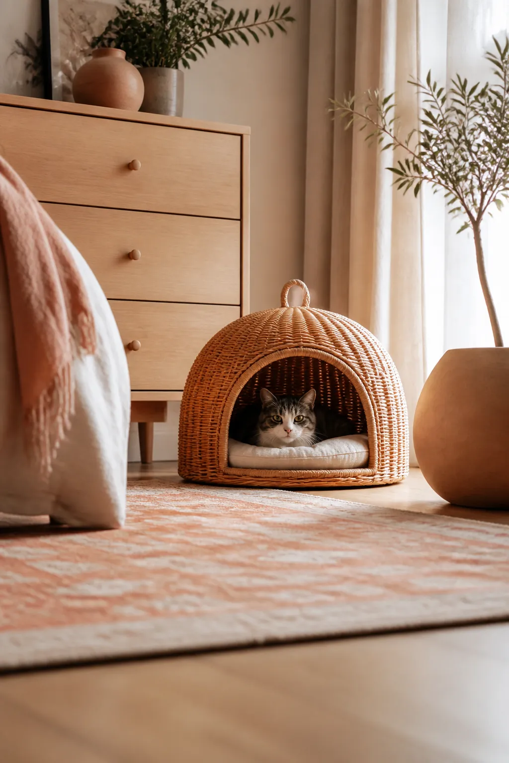 Cat curled inside a domed rattan den sitting on the floor beside a dresser