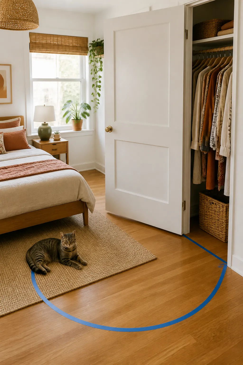 Closet door swung fully open across a bedroom floor with its arc marked in tape