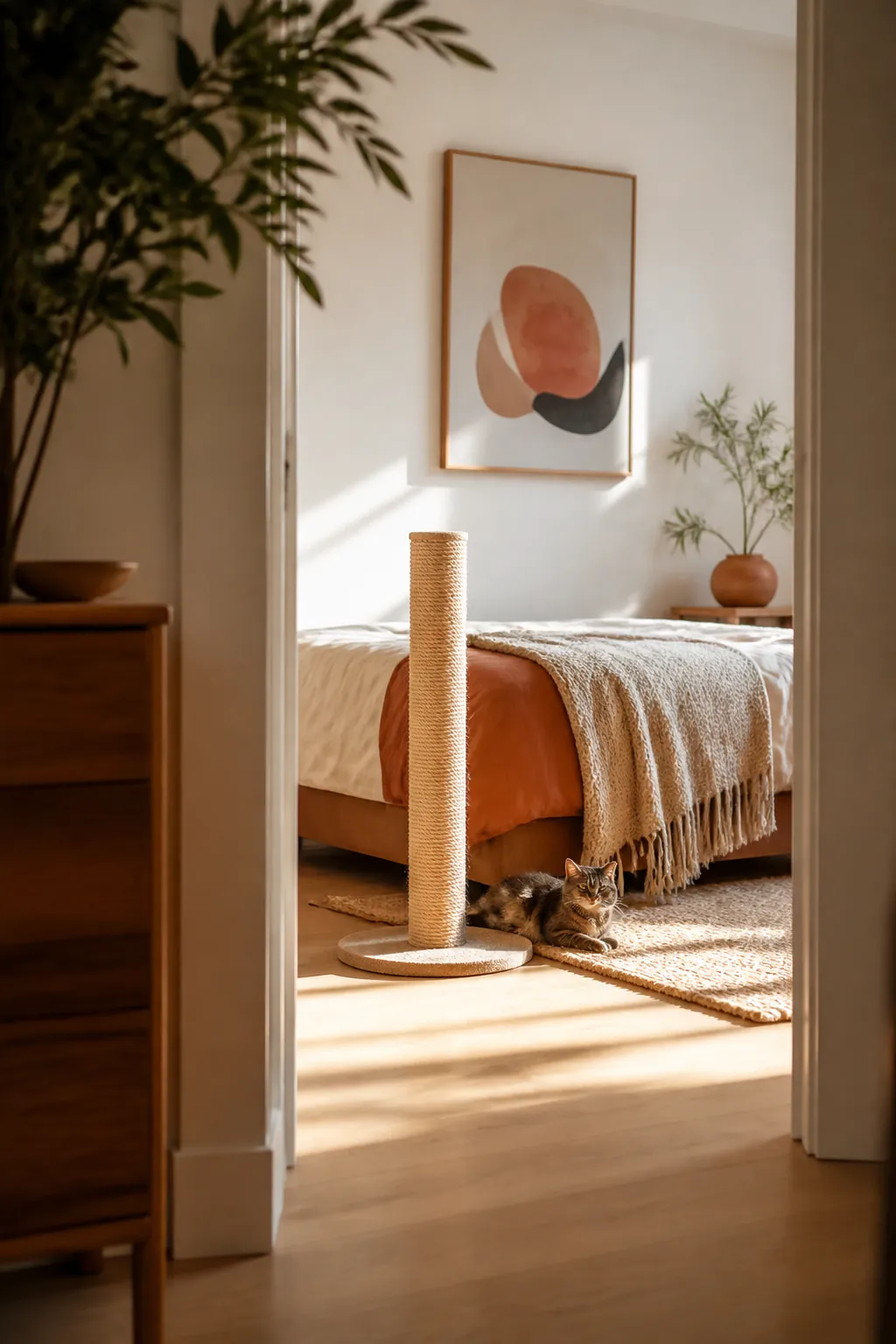 Tall sisal scratching post standing at the foot of a bed away from the doorway