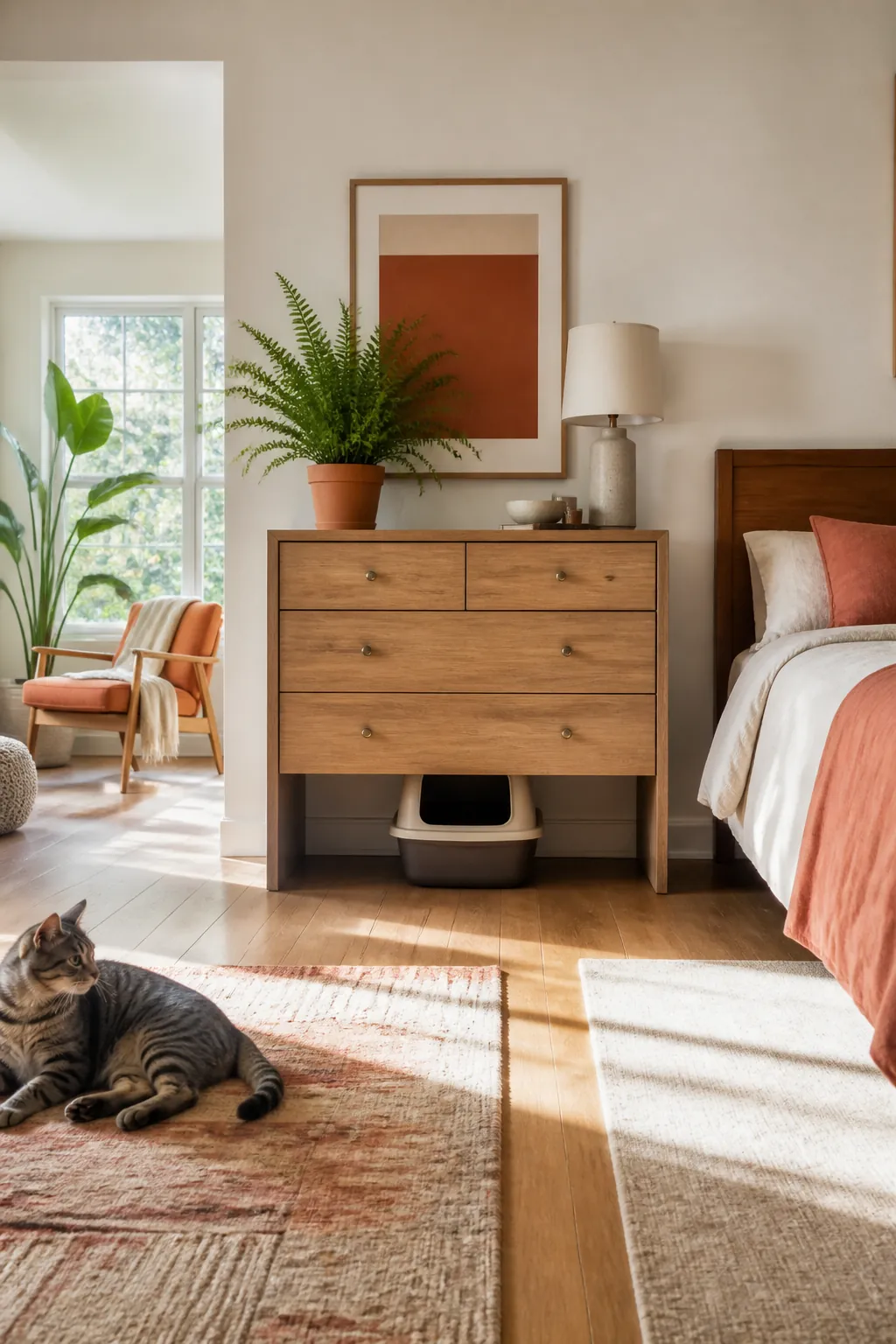 Litter box tucked behind a bedroom dresser with open floor on both sides