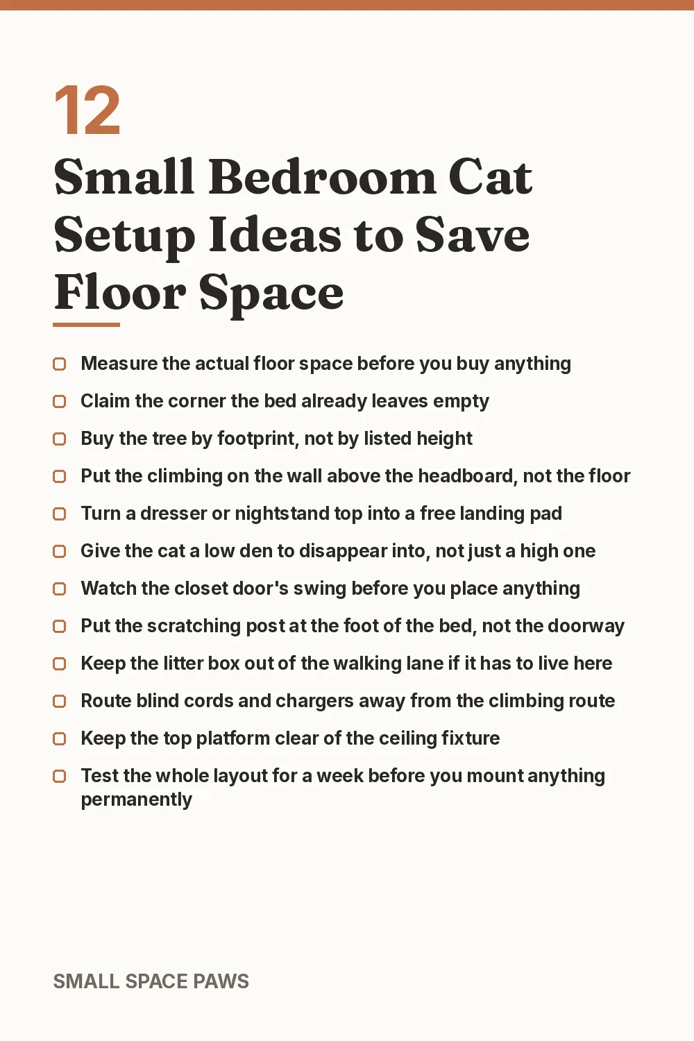Checklist of every idea in 12 Small Bedroom Cat Setup Ideas to Save Floor Space