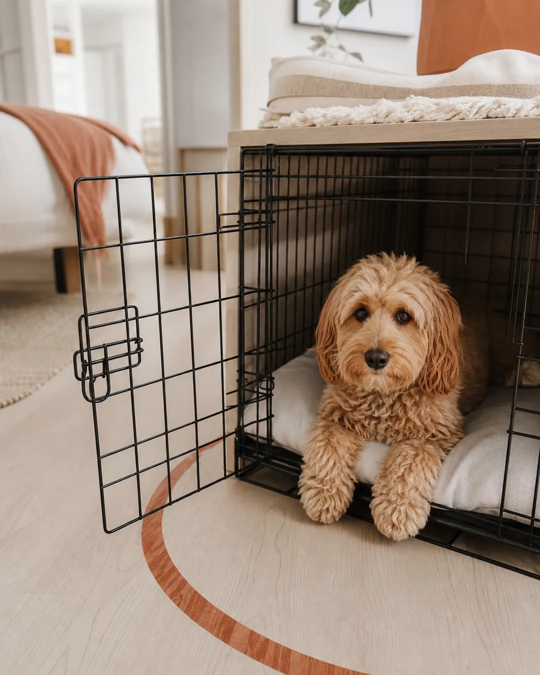 Crate door swung fully open with tape marking its arc across the floor