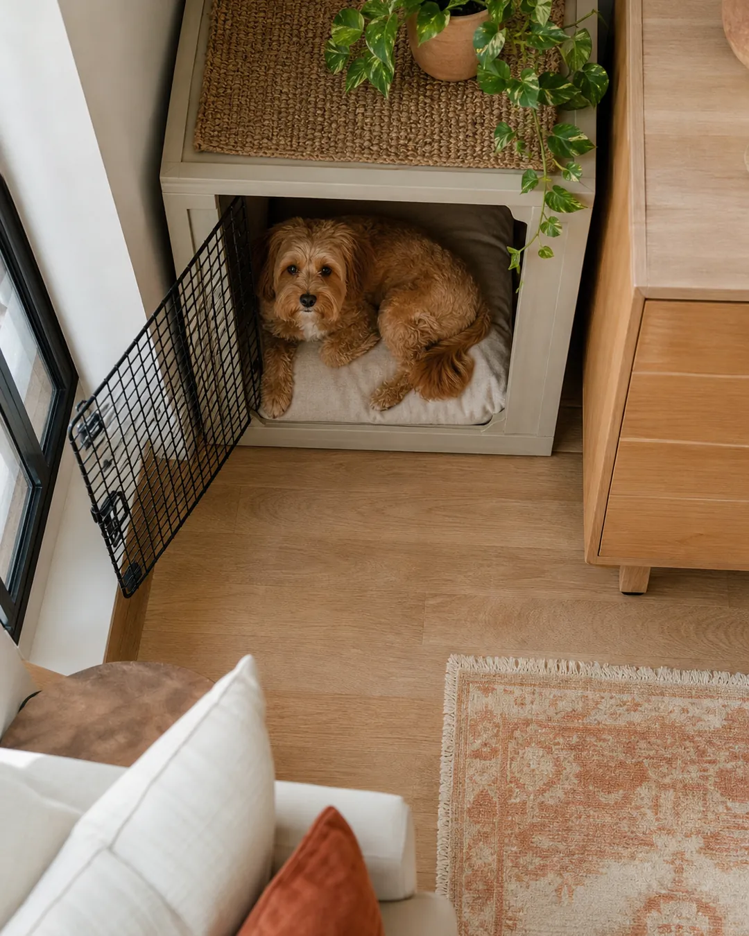 Small crate set into a room corner with its door facing into the room