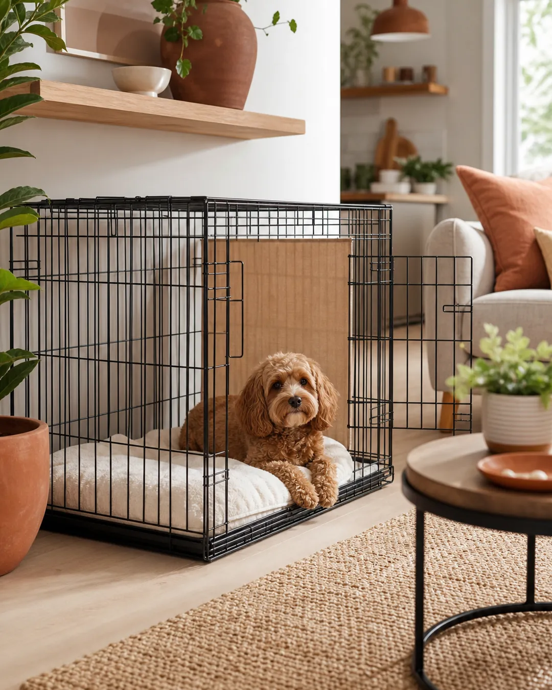 Wire crate with a divider panel fitted partway along its interior length