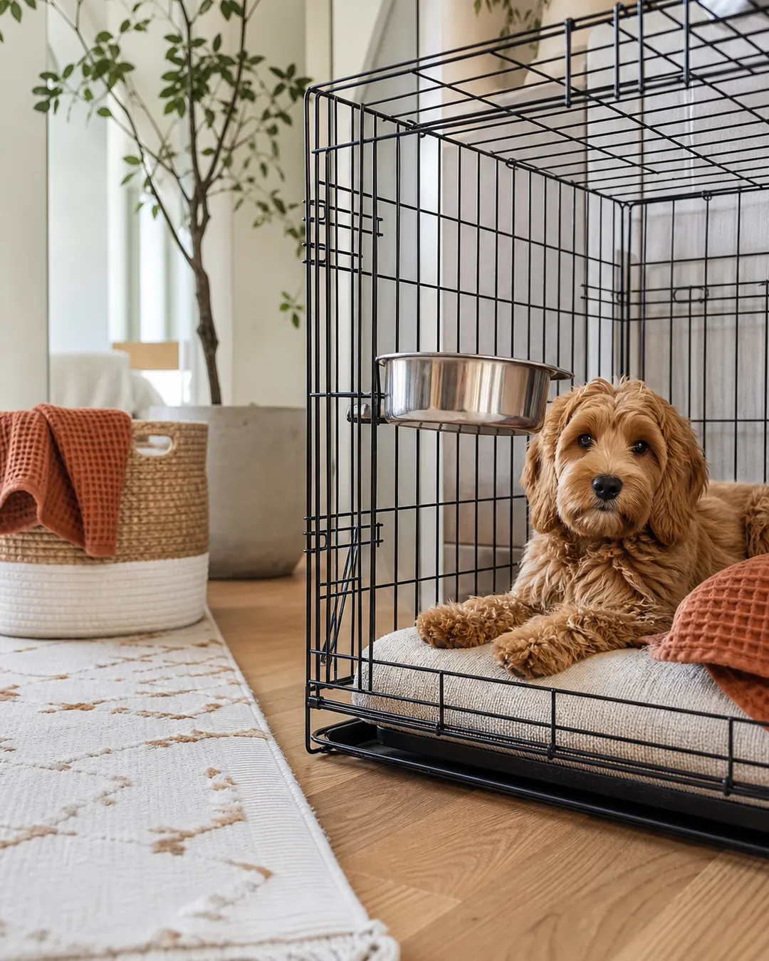 Stainless bowl clipped to the inside bars of a crate at chest height