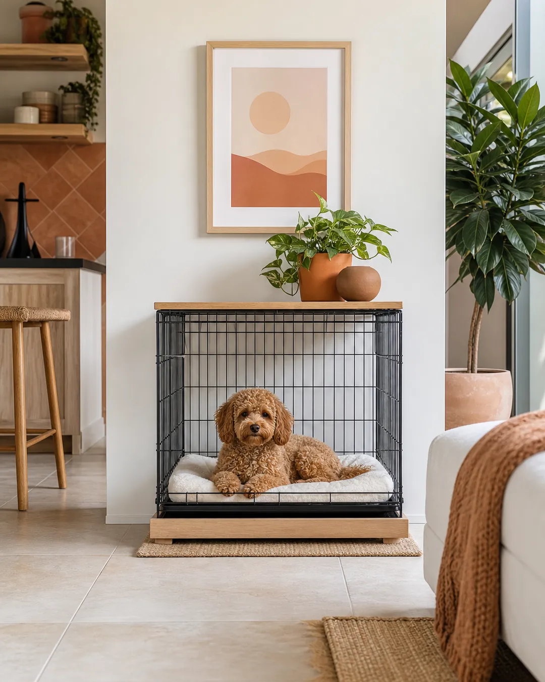 Crate raised on a low insulating mat above cold tile flooring