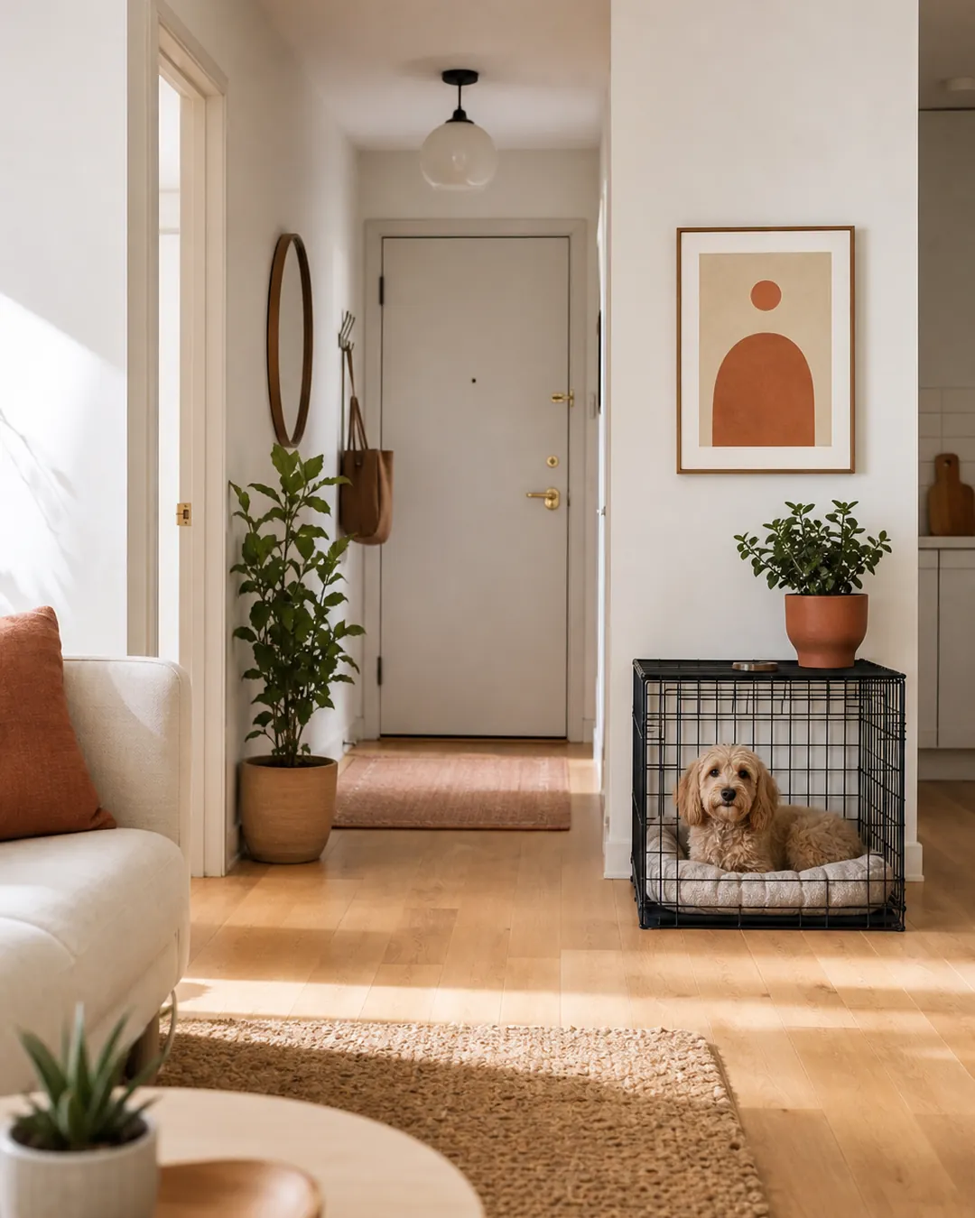 Crate positioned several feet back from a hallway front door