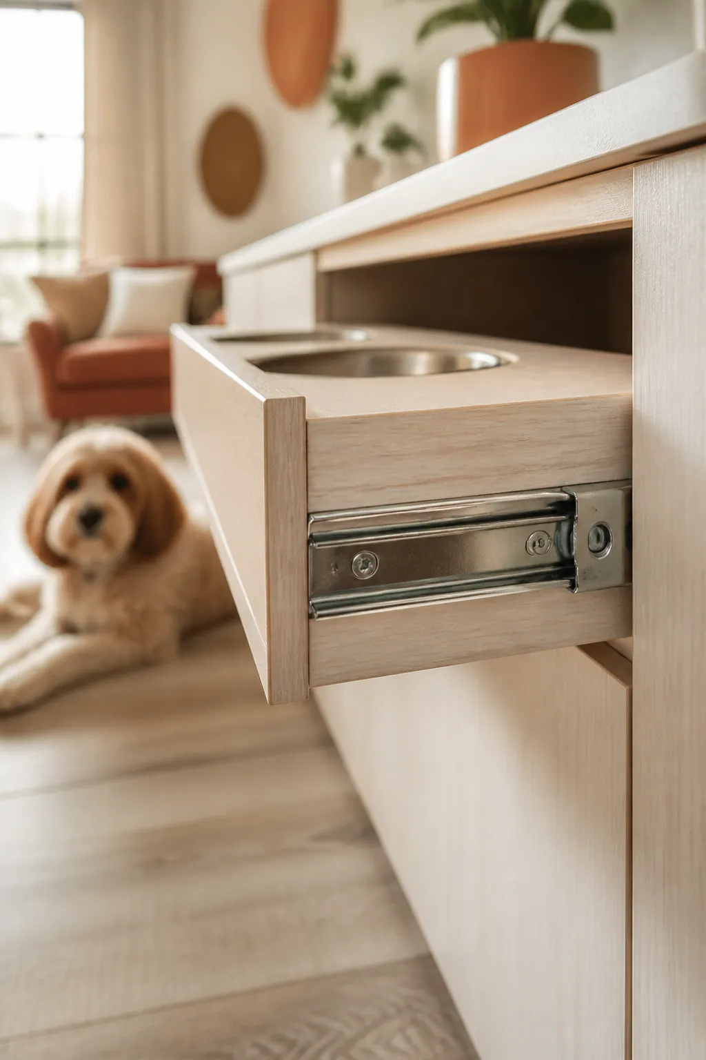 Full-extension drawer slide mounted along the side of a cabinet interior