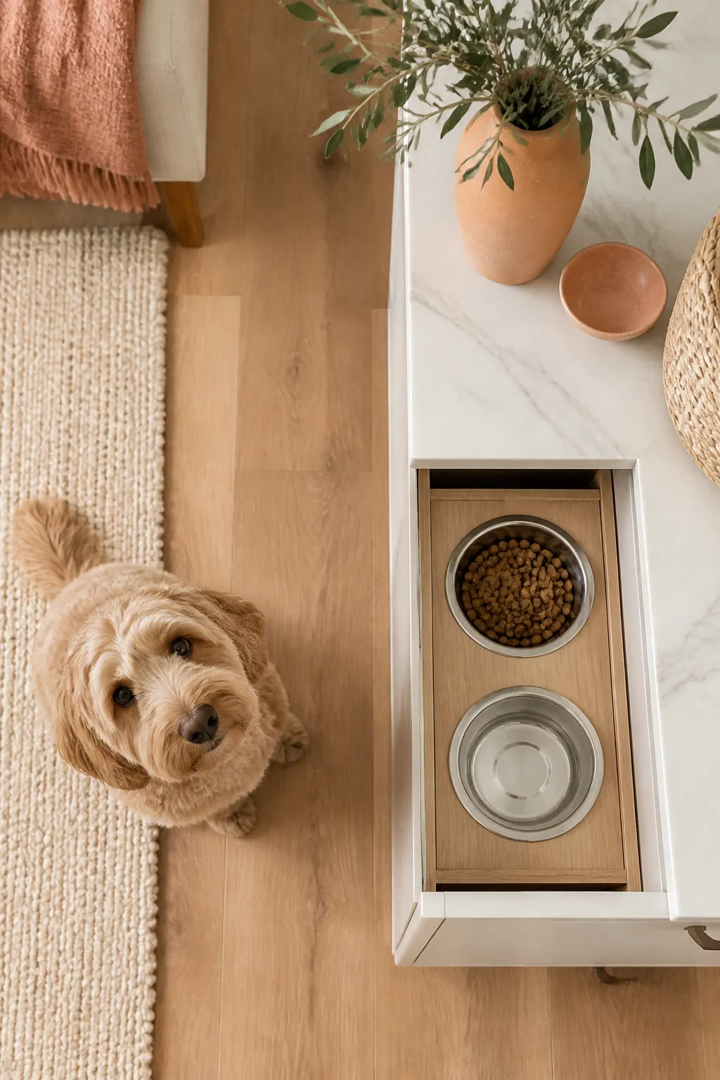 Slide-out tray holding only two bowls with no bag or scoop crowding the space