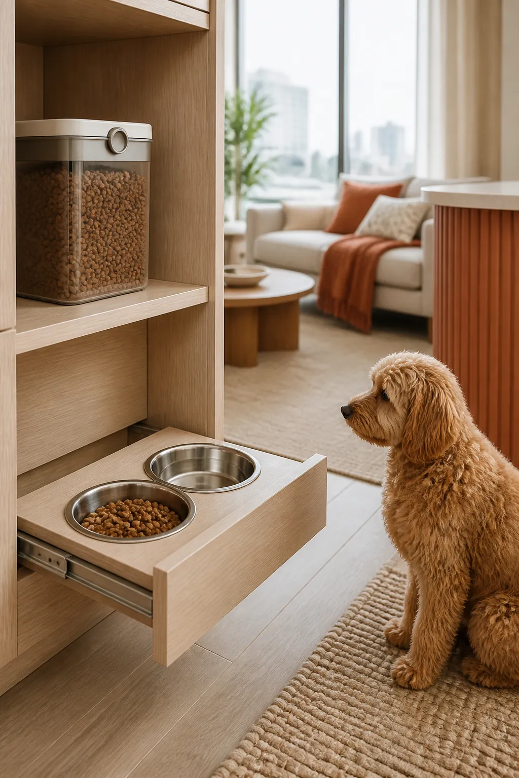 Airtight food container standing on the cabinet shelf directly above the slide-out drawer