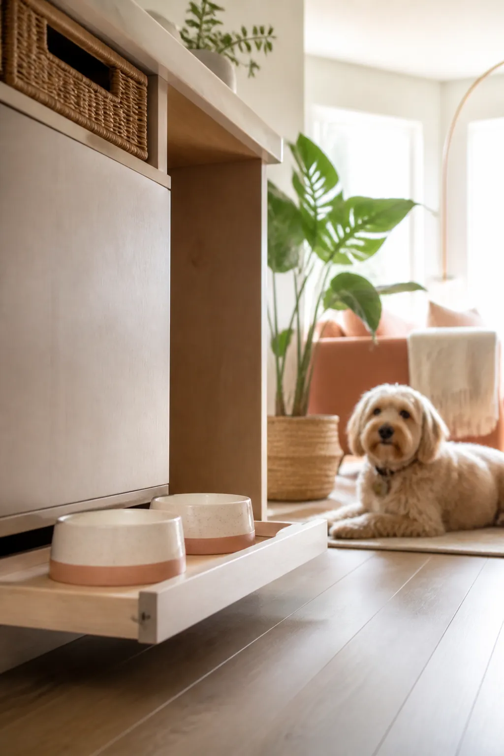 Two heavy ceramic bowls sitting steady on a tray pulled halfway out of a cabinet