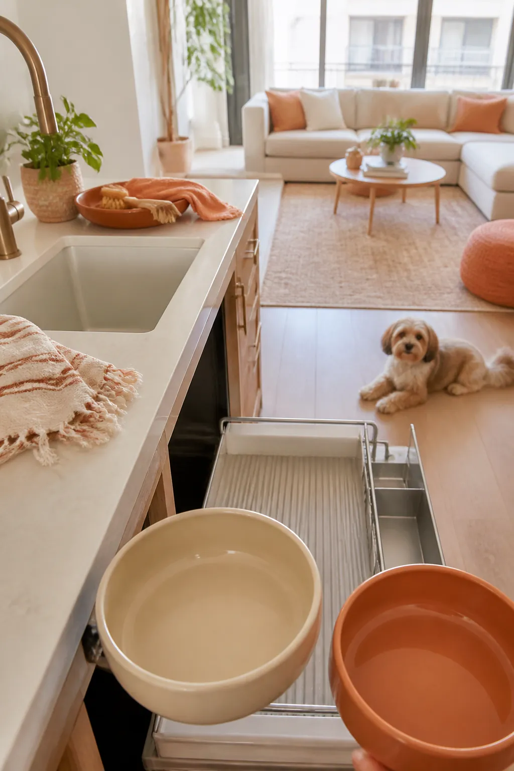 Bowls lifted out of a fully extended tray for washing at the sink
