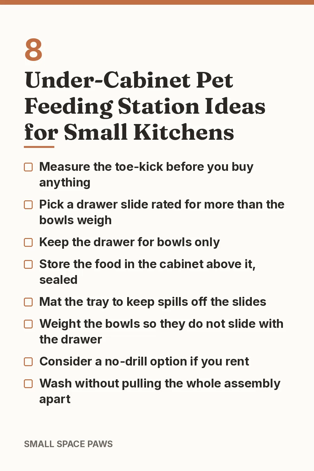 Checklist of every idea in 8 Under-Cabinet Pet Feeding Station Ideas for Small Kitchens