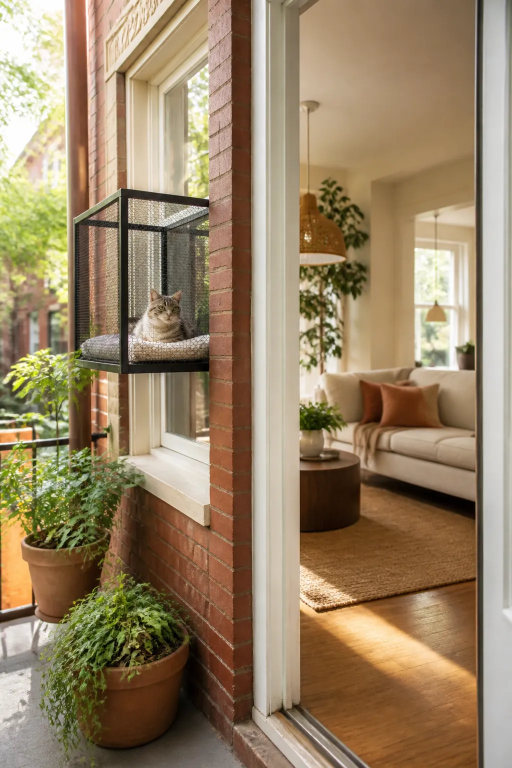 Mesh cat window box mounted outside an apartment window on a brick wall, with a cat sitting inside