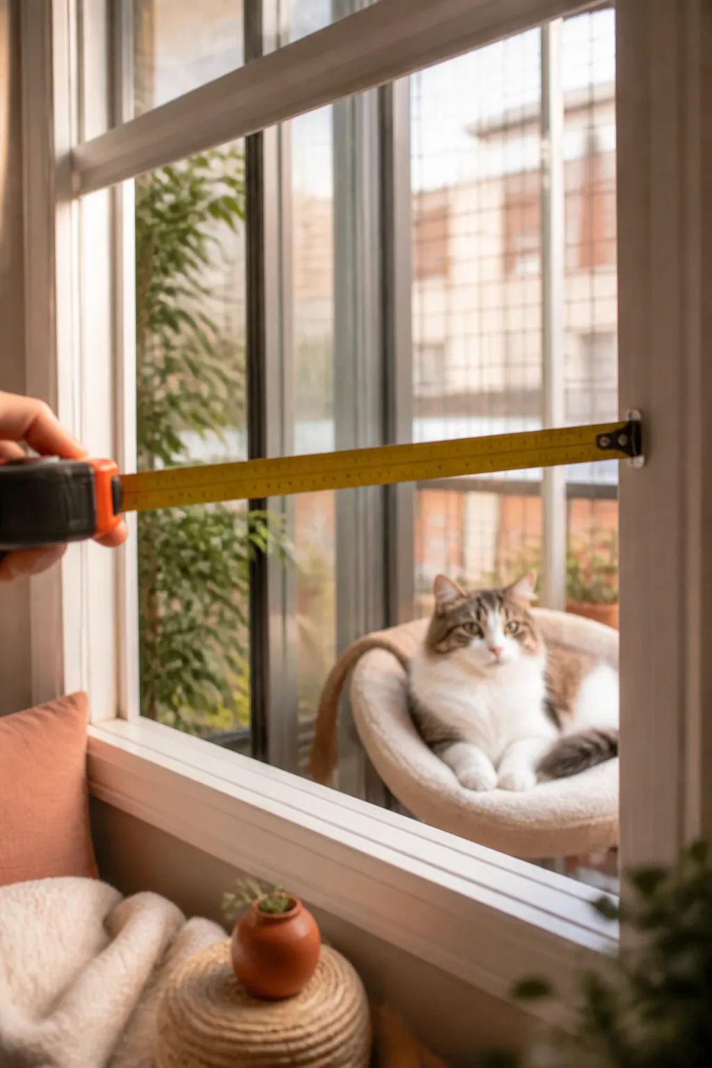 Tape measure held across an open window frame measuring the width of the sash opening