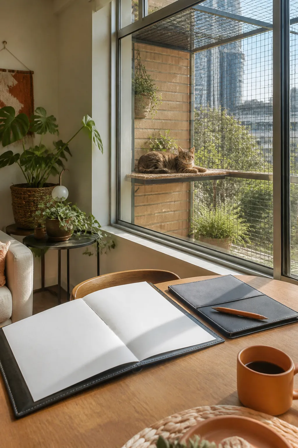 Lease document open on a table beside a window showing a mesh box outside