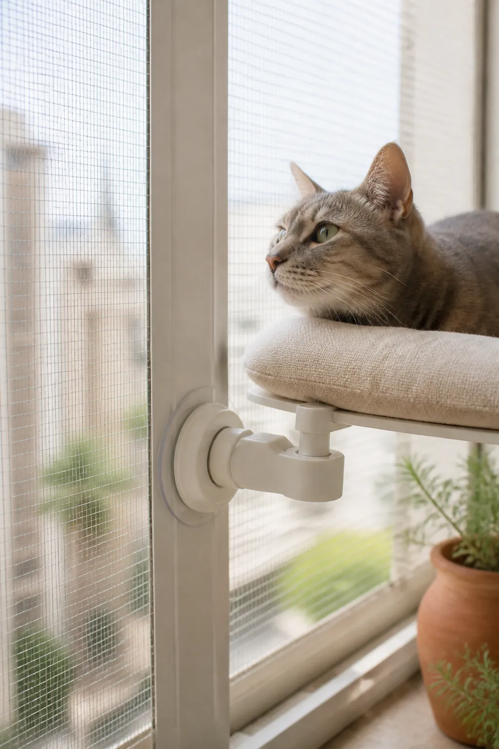 Cat resting on a cushioned suction perch fitted inside a mesh window catio box
