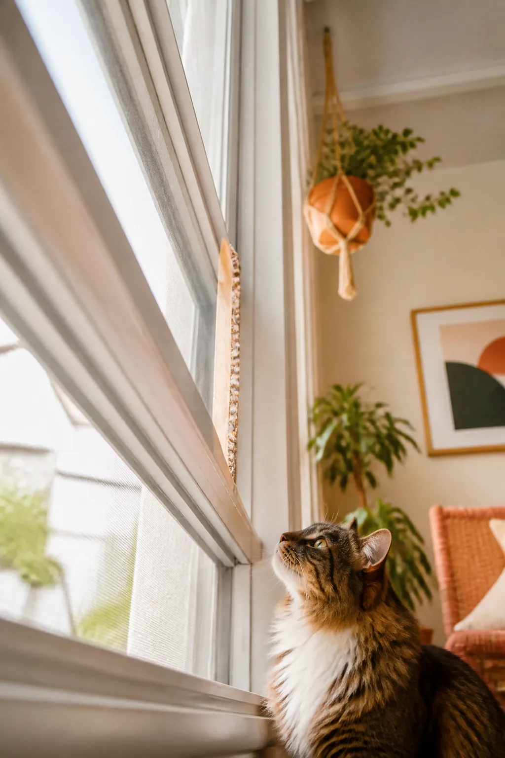Cat looking up at the narrow side gap of an open window sash in a small apartment