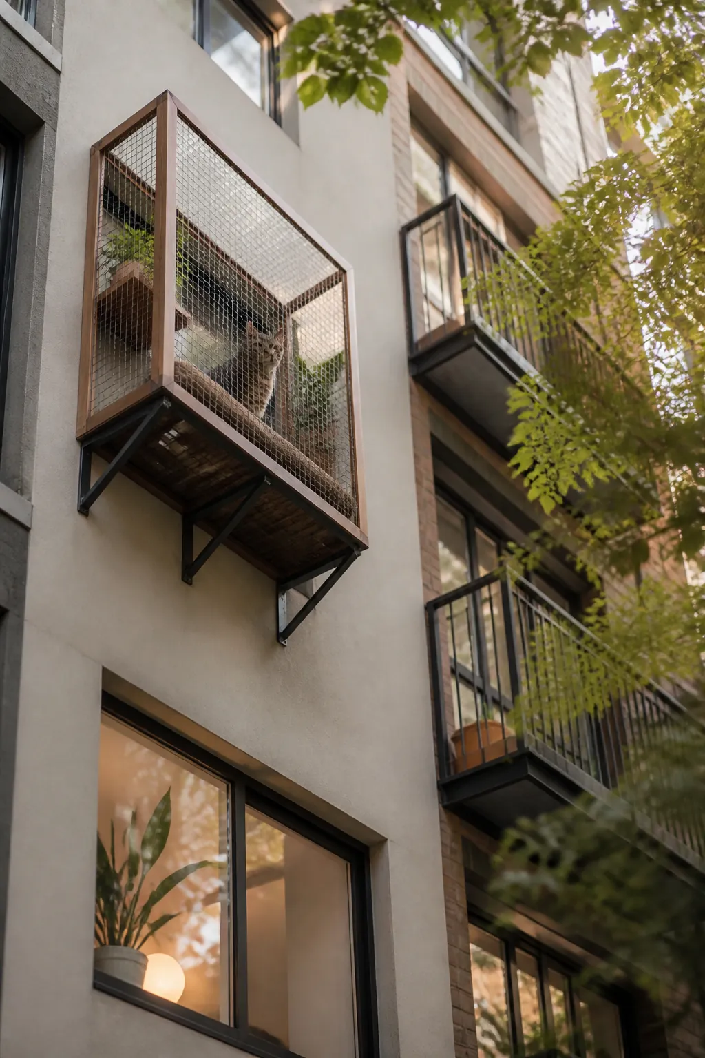 Window catio box mounted several stories up on a building facade, seen from below