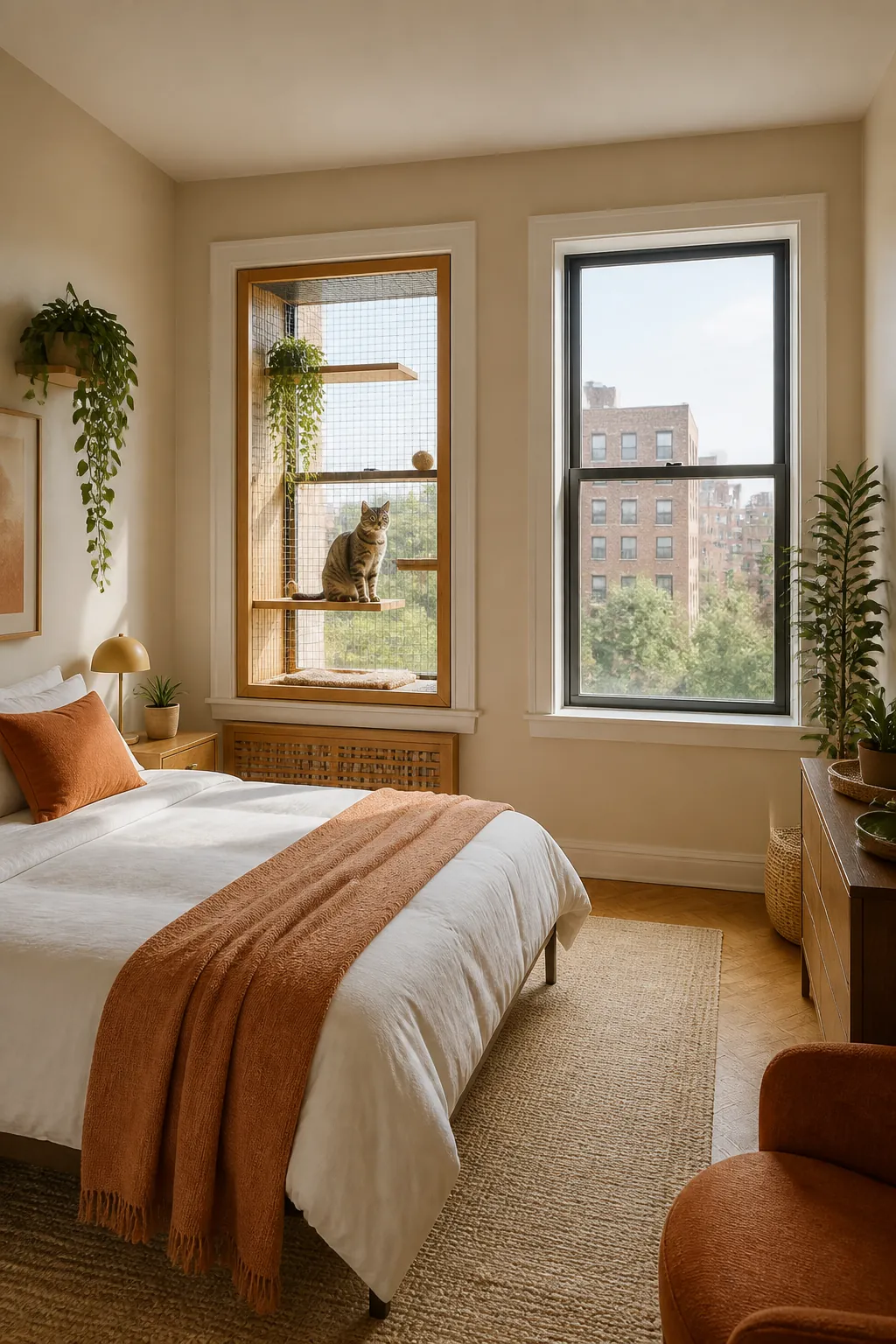 Bedroom with two windows, one fitted with a catio box and the other left clear