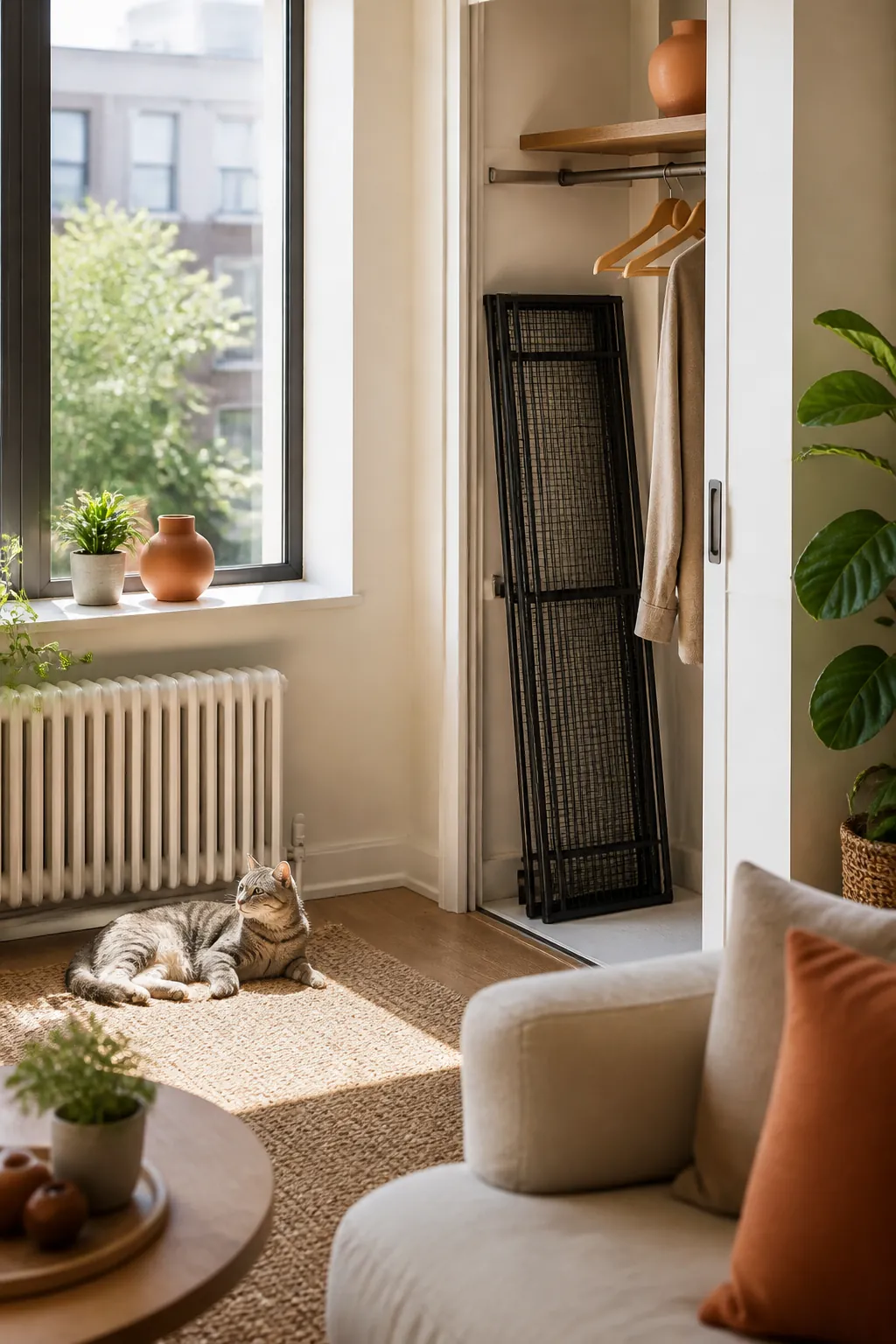 Folded mesh window box being stored in a closet with the bare window behind it
