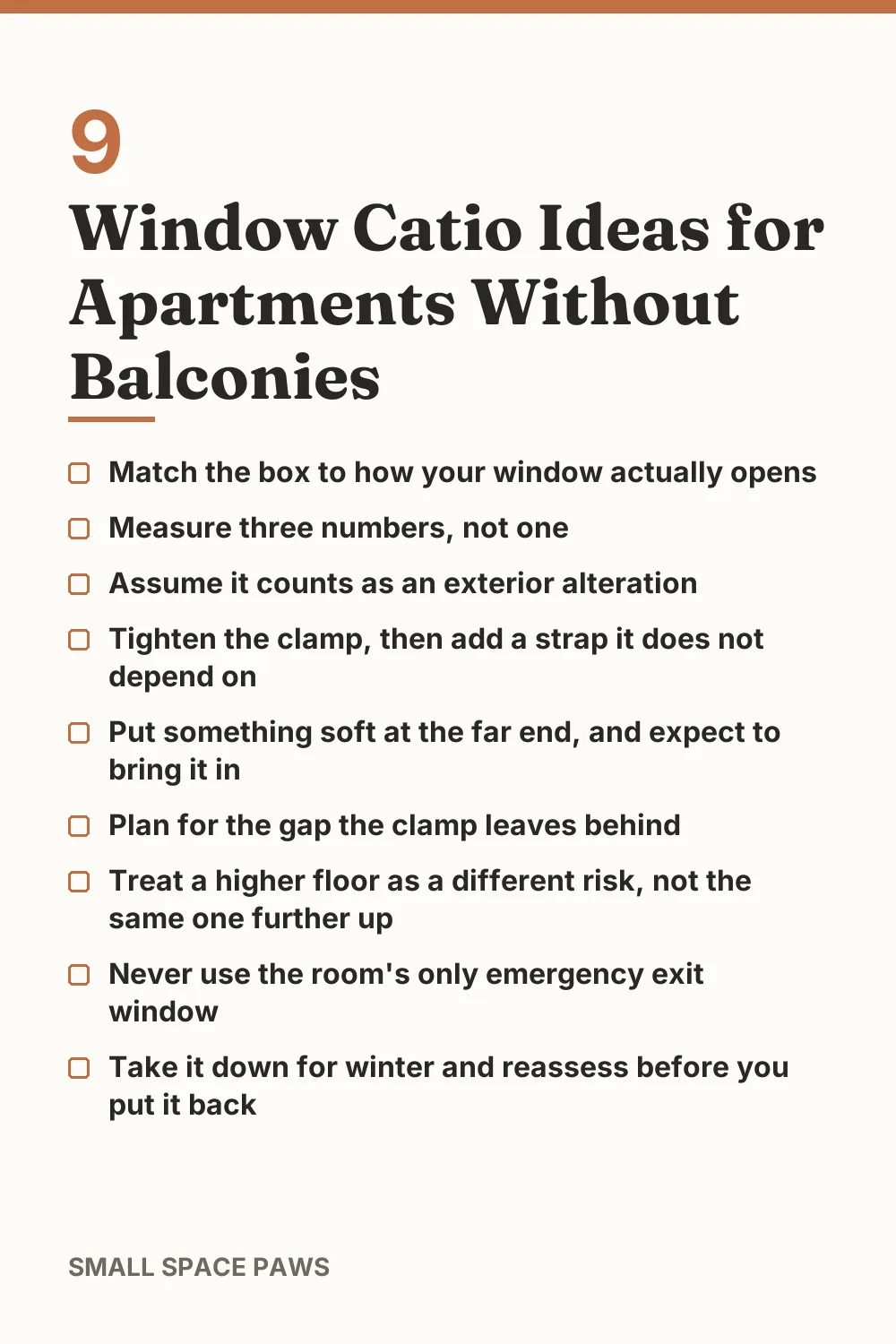 Checklist of every idea in 9 Window Catio Ideas for Apartments Without Balconies